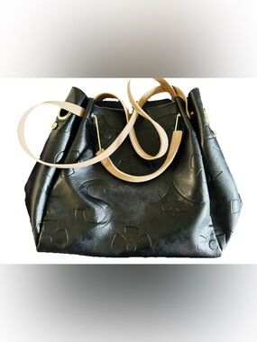 Black Embossed PU Leather Tote with Tan Handles